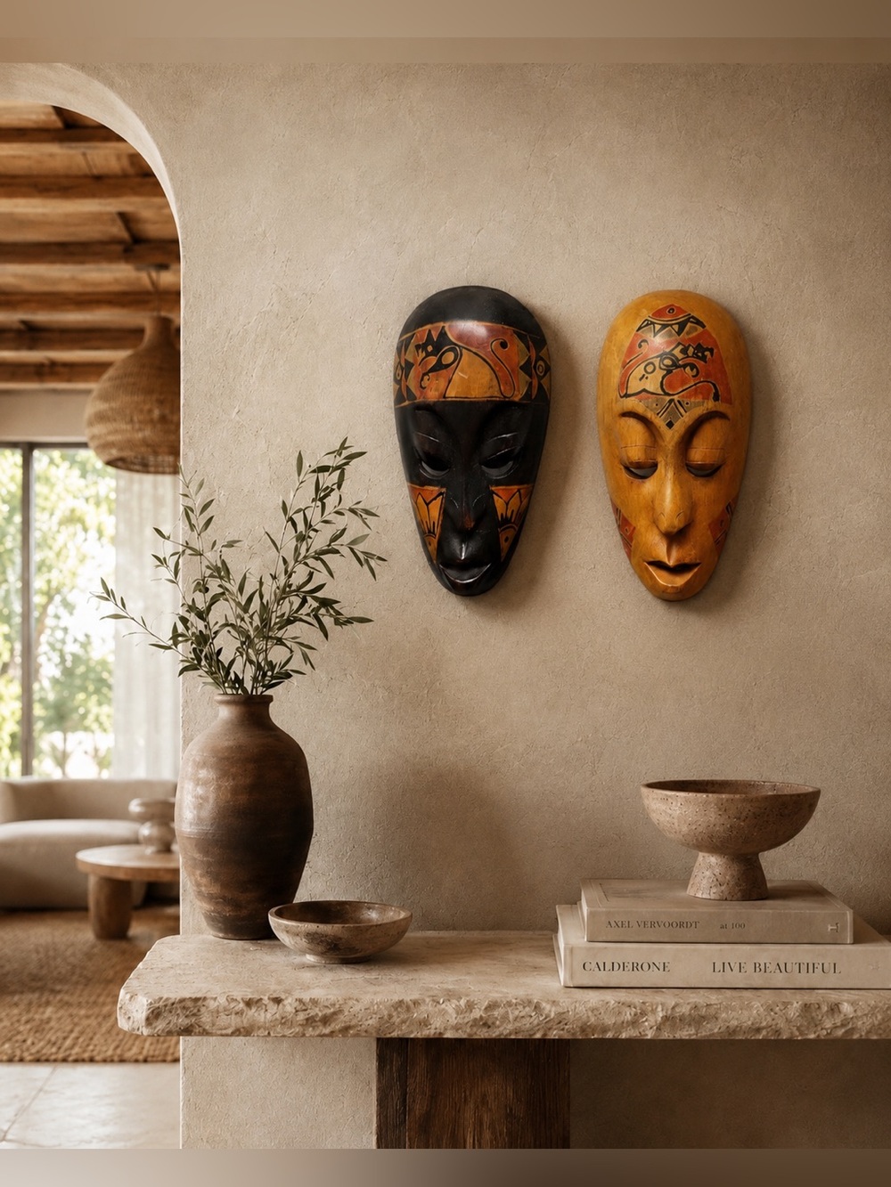 Pair of Vintage African Tribal Carved Wood Masks Hand Painted Wall Decor 7.5โ